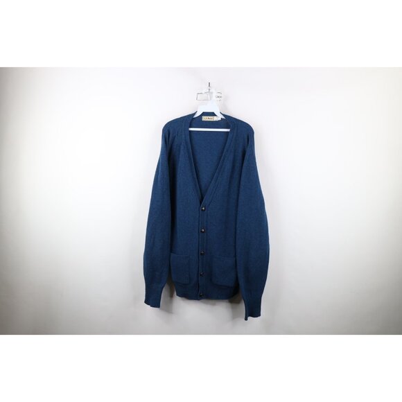 Vtg 90s LL Bean Mens Large Tall Distressed Lambswool Knit Cardigan Sweater Blue